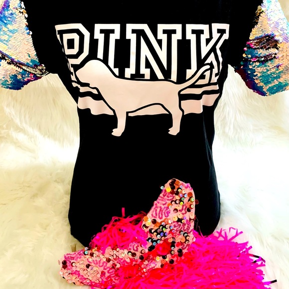 PINK Victoria's Secret Tops - Victoria’s Secret PINK Flip Silver Sleeves/Iridescent Sequin Bling Campus SS Tee